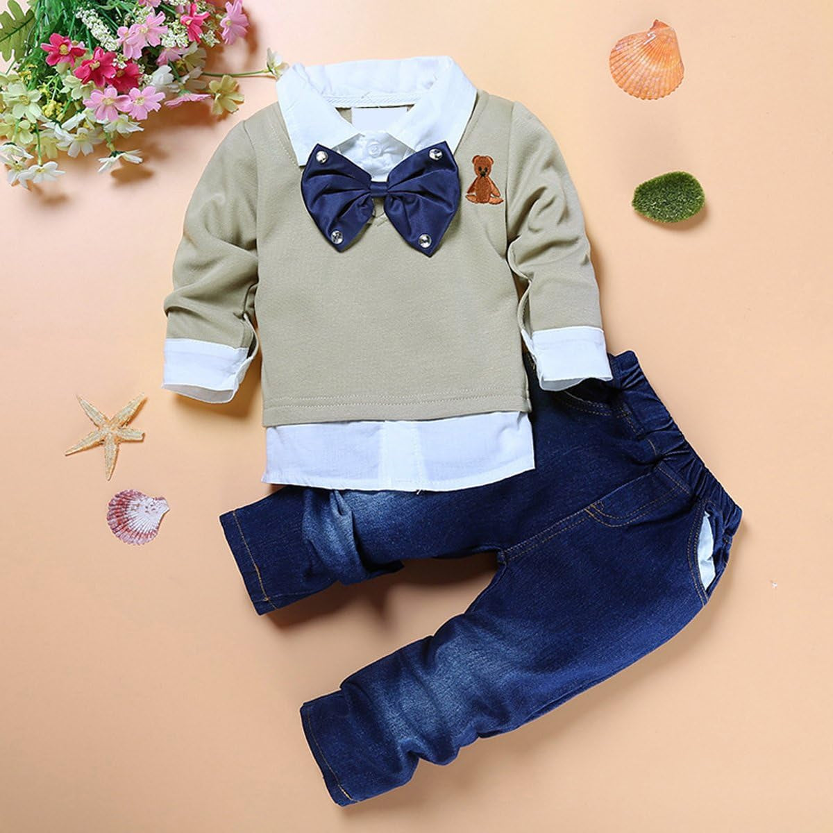 2Pcs Toddler Baby Boys Bow Tie Shirt Tops+Denim Pants Gentleman Clothes Outfits 1-7 Years