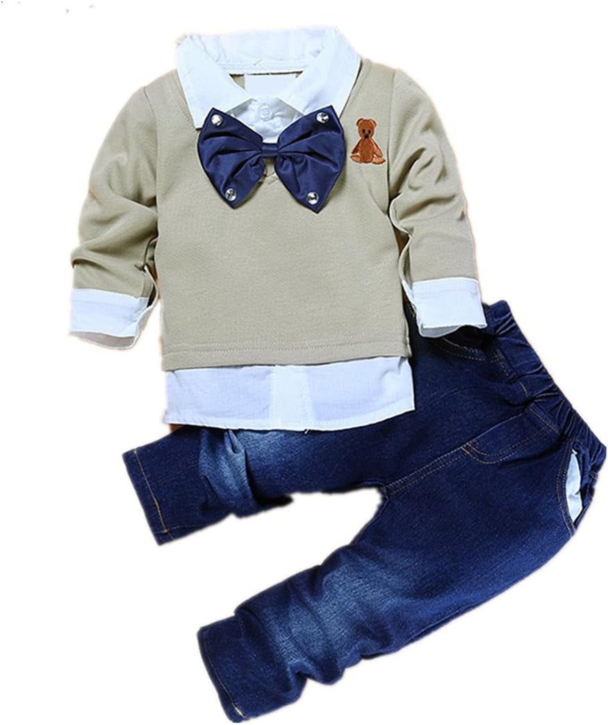 2Pcs Toddler Baby Boys Bow Tie Shirt Tops+Denim Pants Gentleman Clothes Outfits 1-7 Years